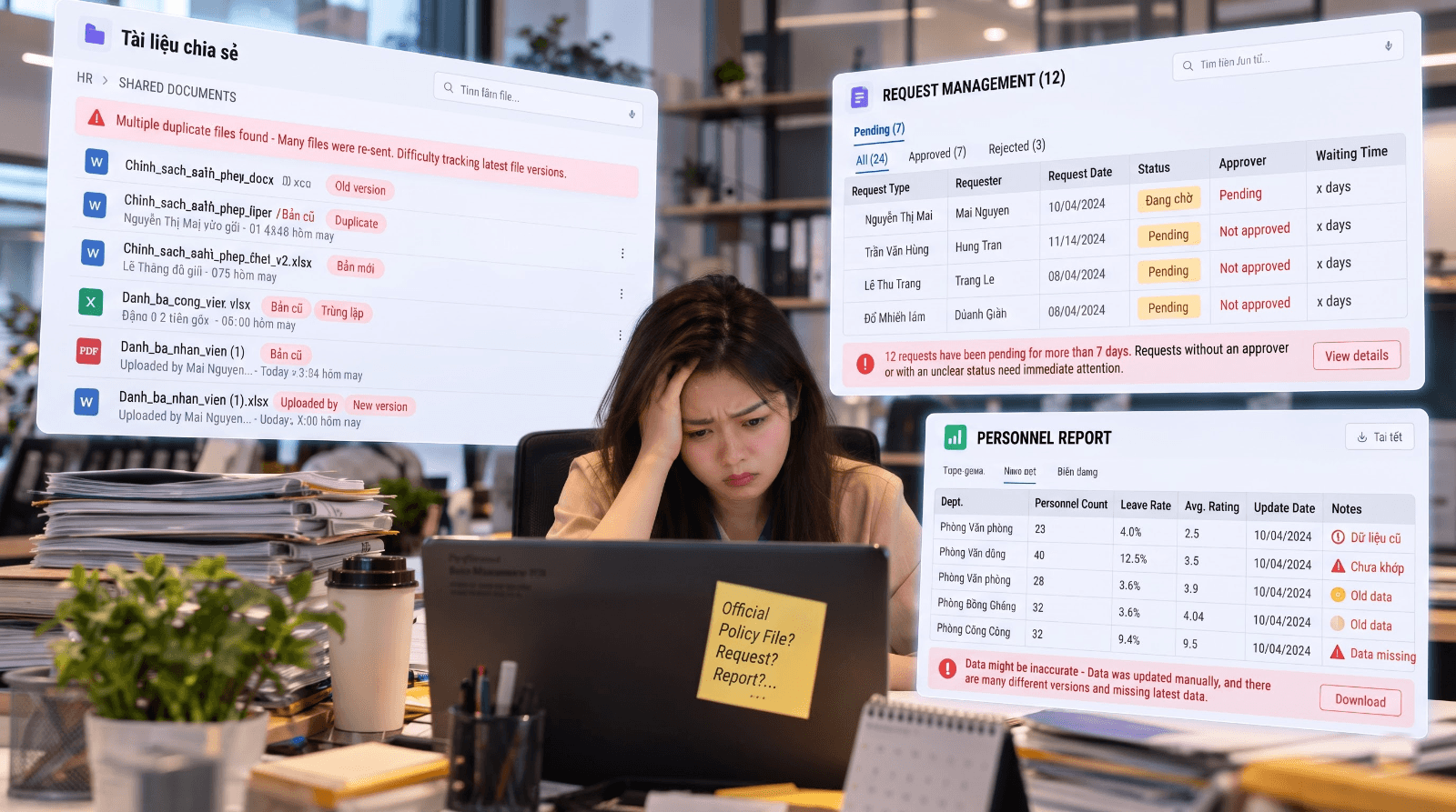 Chuyên viên nhân sự mệt mỏi giữa file chính sách trùng lặp, đơn từ chờ duyệt và báo cáo lỗi thời